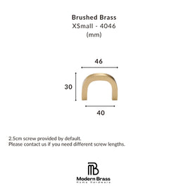 A dimension diagram of a brushed brass U-shaped hardware piece labeled XSmall - 4046, with measurements 46, 30, and 40 mm, plus text noting a 2.5cm screw included by default.