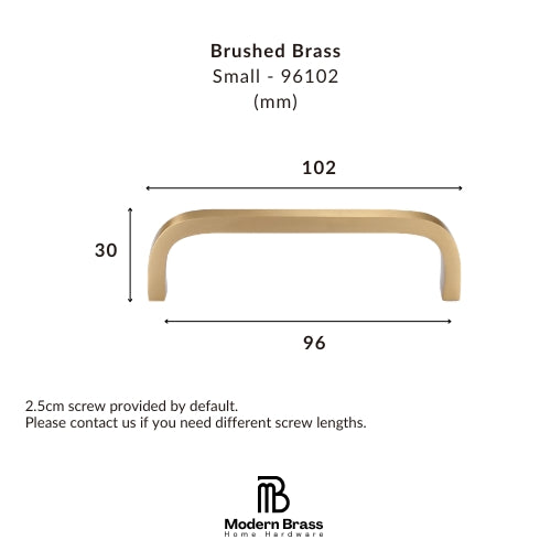 A brass cabinet pull handle shown with dimension lines and text indicating small size measurements of 102 mm by 96 mm and height of 30 mm, on a white background with the Modern Brass logo.