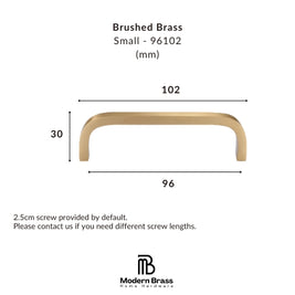 A brass cabinet pull handle shown with dimension lines and text indicating small size measurements of 102 mm by 96 mm and height of 30 mm, on a white background with the Modern Brass logo.