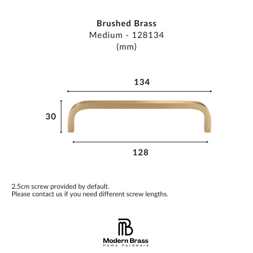A dimension diagram of a brushed brass cabinet pull handle, showing measurements of 134 mm width, 30 mm height, and 128 mm span, with the Modern Brass Home Hardware logo at the bottom.