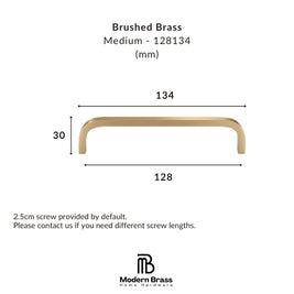 A dimension diagram of a brushed brass cabinet pull handle, showing measurements of 134 mm width, 30 mm height, and 128 mm span, with the Modern Brass Home Hardware logo at the bottom.
