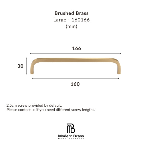 A dimension diagram of a brushed brass cabinet pull handle, labeled as Large - 160166, showing a length of 166mm, a height of 30mm, and a total width of 160mm, with the Modern Brass Home Hardware logo at the bottom.