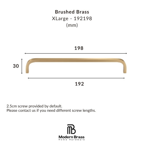 A dimension diagram of a brushed brass XLarge cabinet pull handle, showing measurements of 198 mm width, 30 mm height, and 192 mm span, with the Modern Brass Home Hardware logo at the bottom.