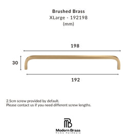 A dimension diagram of a brushed brass XLarge cabinet pull handle, showing measurements of 198 mm width, 30 mm height, and 192 mm span, with the Modern Brass Home Hardware logo at the bottom.