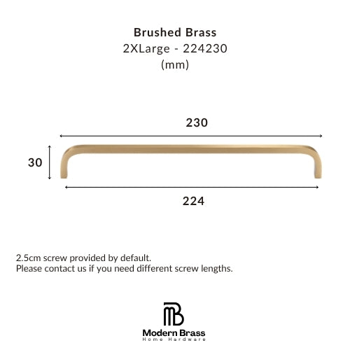 Technical dimension diagram of a brushed brass U-shaped bar handle, showing measurements of 230 mm length, 224 mm flat span, and 30 mm height, with the Modern Brass Home Hardware logo at the bottom.
