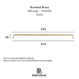 Technical dimension diagram of a brushed brass U-shaped cabinet pull handle, showing measurements of 422 mm length, 416 mm inner span, and 30 mm height, with Modern Brass Home Hardware branding.