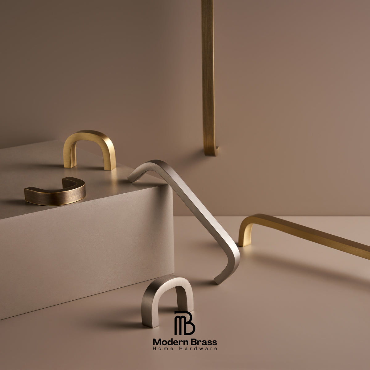 Three round cabinet knobs in black, matte brass, and brushed brass are arranged on a light beige surface against a warm beige background. The Modern Brass logo is visible at the bottom.