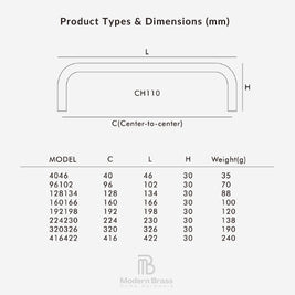 A product dimensions chart for a U-shaped bracket, labeled CH110, with a simple line drawing showing L, H, and C measurements, plus a table listing model numbers, center-to-center distance, length, height, and weight in grams. Modern Brass Home Hardware branding appears at the bottom.