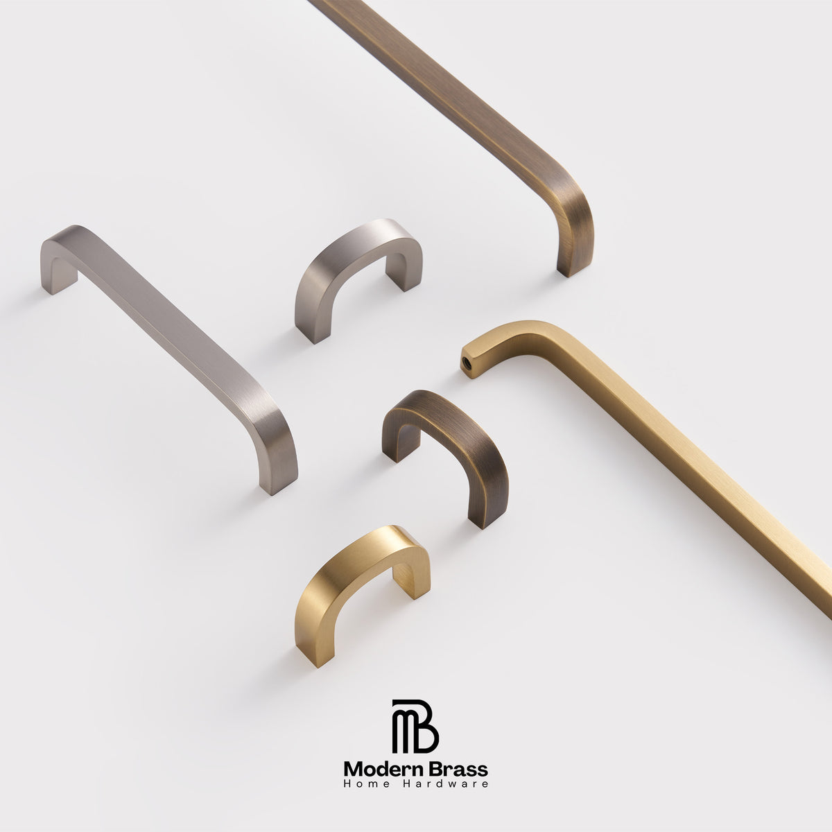 Four-piece brass cabinet hardware set including two long vertical bar handles, one short vertical bar handle, one horizontal pull handle, and three round cabinet knobs, displayed on a white surface against a beige background. The Modern Brass logo is visible at the bottom.