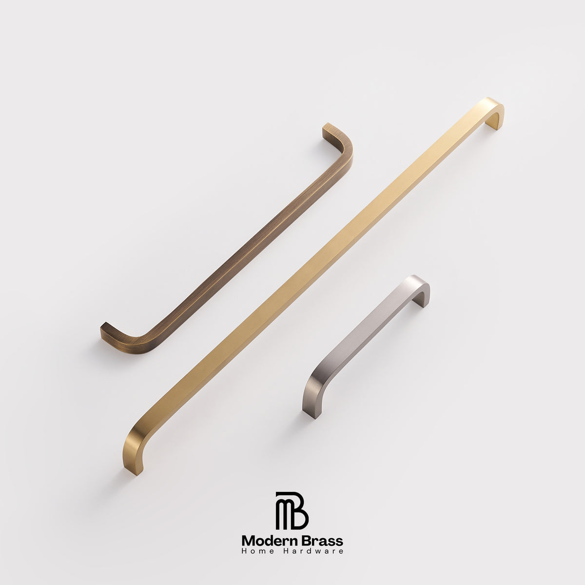 Three modern curved cabinet handles in bronze, gold, and silver finishes arranged diagonally on a light gray background, with the Modern Brass Home Hardware logo at the bottom.
