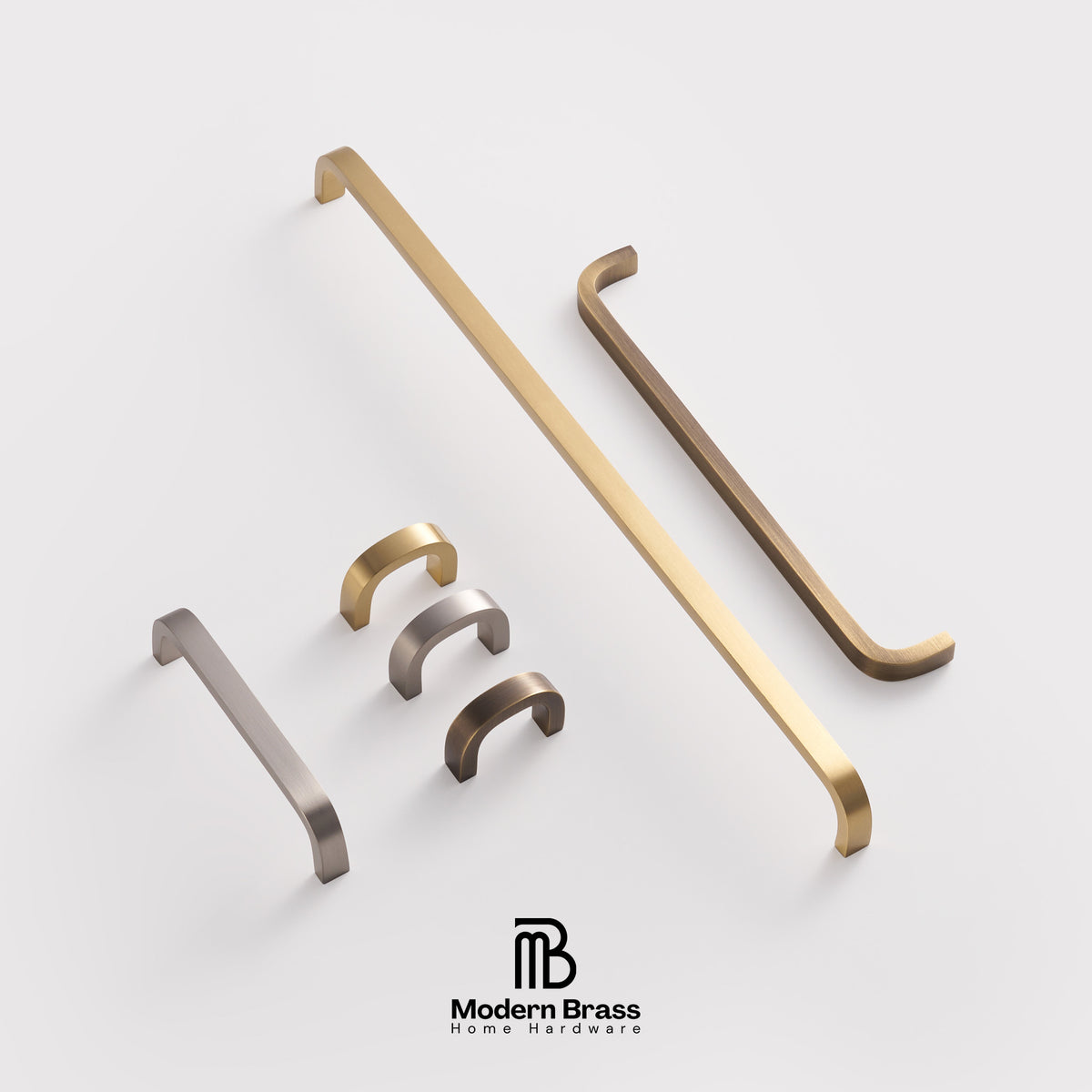 Five modern minimalist cabinet pulls in various finishes (two gold, two silver, one bronze) arranged diagonally on a light gray background, with the Modern Brass Home Hardware logo at the bottom.