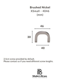 Technical product diagram showing a brushed nickel bathroom hardware pull with dimensions labeled 30, 40, and 46, plus text noting a 2.5cm screw included by default.
