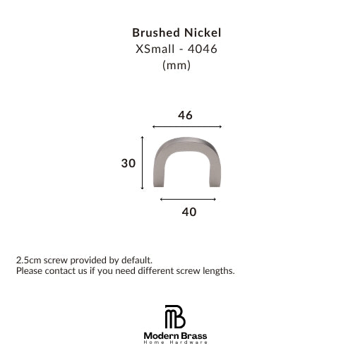 Technical product diagram showing a brushed nickel bathroom hardware pull with dimensions labeled 30, 40, and 46, plus text noting a 2.5cm screw included by default.