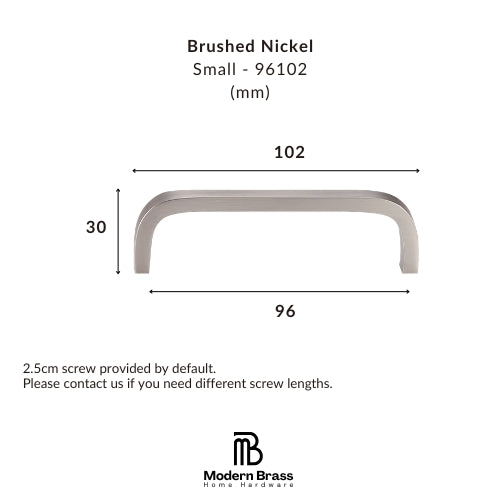 A brushed nickel cabinet pull handle shown with dimension lines and measurements on a white background. Text reads 'Brushed Nickel Small - 96102 (mm)' with width 102, height 30, and base width 96.