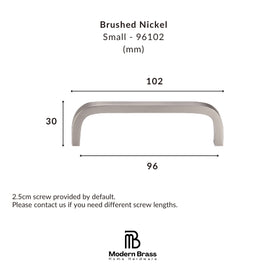 A brushed nickel cabinet pull handle shown with dimension lines and measurements on a white background. Text reads 'Brushed Nickel Small - 96102 (mm)' with width 102, height 30, and base width 96.