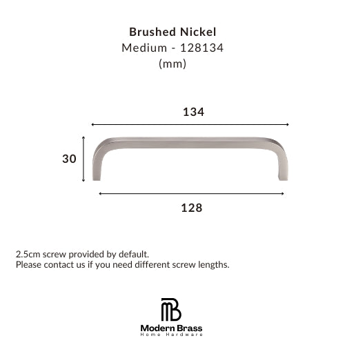 Product dimension diagram of a brushed nickel cabinet pull handle, showing measurements of 134 mm width, 30 mm height, and 128 mm span, with the Modern Brass Home Hardware logo at the bottom.