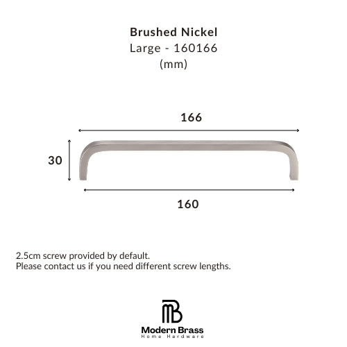Technical dimension diagram of a brushed nickel cabinet pull handle, labeled Large - 160166, with width measurements of 166 and 160 and height of 30, plus Modern Brass Home Hardware branding.