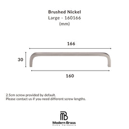 Technical dimension diagram of a brushed nickel cabinet pull handle, labeled Large - 160166, with width measurements of 166 and 160 and height of 30, plus Modern Brass Home Hardware branding.