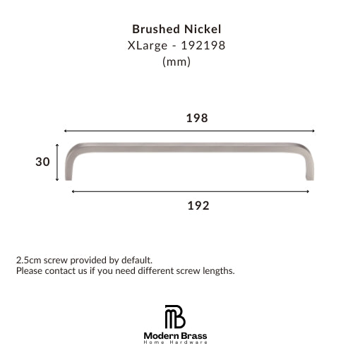 Technical dimension diagram of a brushed nickel cabinet pull handle, labeled XLarge - 192198, showing a width of 198 mm, a height of 30 mm, and a total width of 192 mm, with the Modern Brass Home Hardware logo at the bottom.