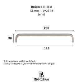Technical dimension diagram of a brushed nickel cabinet pull handle, labeled XLarge - 192198, showing a width of 198 mm, a height of 30 mm, and a total width of 192 mm, with the Modern Brass Home Hardware logo at the bottom.