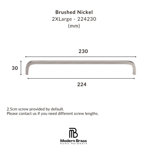 A brushed nickel bathroom cabinet pull handle shown with dimension lines and measurements on a white background. Text at the top reads 'Brushed Nickel 2XLarge - 224230 (mm)' and the Modern Brass Home Hardware logo appears at the bottom.