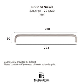 A brushed nickel bathroom cabinet pull handle shown with dimension lines and measurements on a white background. Text at the top reads 'Brushed Nickel 2XLarge - 224230 (mm)' and the Modern Brass Home Hardware logo appears at the bottom.