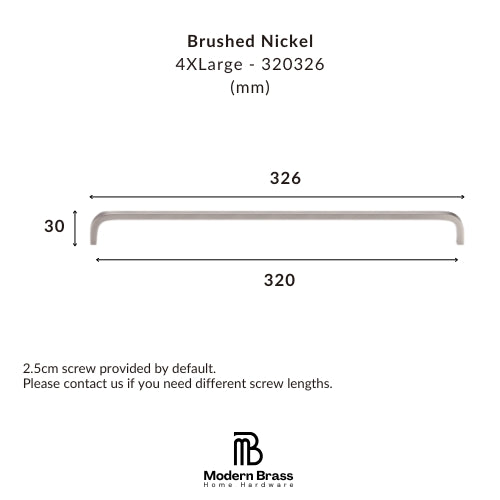 Technical dimension diagram of a brushed nickel bathroom fixture bar, labeled 4XLarge - 320326 (mm), showing a length of 326 and a height of 30, with Modern Brass Home Hardware branding at the bottom.