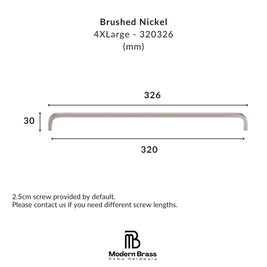 Technical dimension diagram of a brushed nickel bathroom fixture bar, labeled 4XLarge - 320326 (mm), showing a length of 326 and a height of 30, with Modern Brass Home Hardware branding at the bottom.