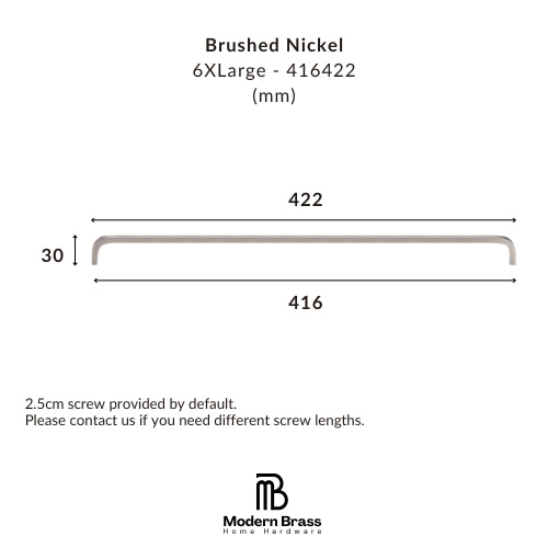 Technical dimension diagram of a brushed nickel L-bracket pull from Modern Brass Home Hardware, showing a 6XLarge size with measurements of 422 mm length, 416 mm inner width, and 30 mm thickness.