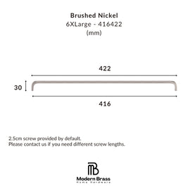 Technical dimension diagram of a brushed nickel L-bracket pull from Modern Brass Home Hardware, showing a 6XLarge size with measurements of 422 mm length, 416 mm inner width, and 30 mm thickness.