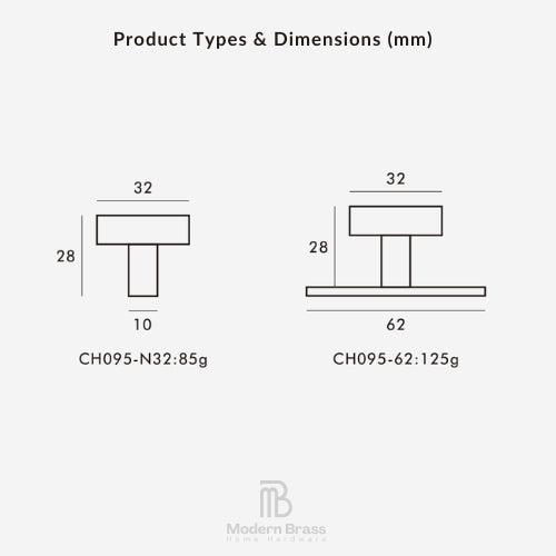 Product types and dimensions diagram for modern brass home hardware, showing two T-shaped bracket designs with measurements in millimeters on a light gray background.