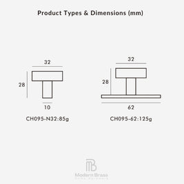 Product types and dimensions diagram for modern brass home hardware, showing two T-shaped bracket designs with measurements in millimeters on a light gray background.