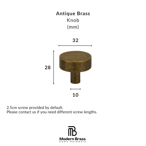 An antique brass knob shown on a white background with dimension labels indicating a 30mm width and 30mm height, plus text noting a 2.5cm screw is included by default.