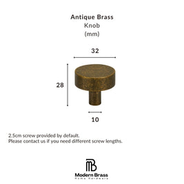 An antique brass knob shown on a white background with dimension labels indicating a 30mm width and 30mm height, plus text noting a 2.5cm screw is included by default.