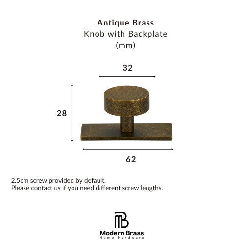 A dimension diagram of an Antique Brass Knob with Backplate by Modern Brass Home Hardware, showing measurements of 32mm width, 28mm height, and 62mm base width, with text noting a 2.5cm screw is provided by default.