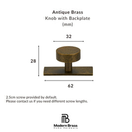 A dimension diagram of an Antique Brass Knob with Backplate by Modern Brass Home Hardware, showing measurements of 32mm width, 28mm height, and 62mm base width, with text noting a 2.5cm screw is provided by default.