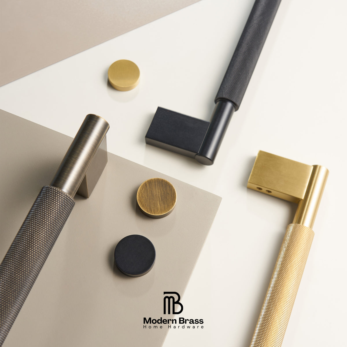 Collection of modern brass hardware on a neutral background with 'Modern Brass' branding.
