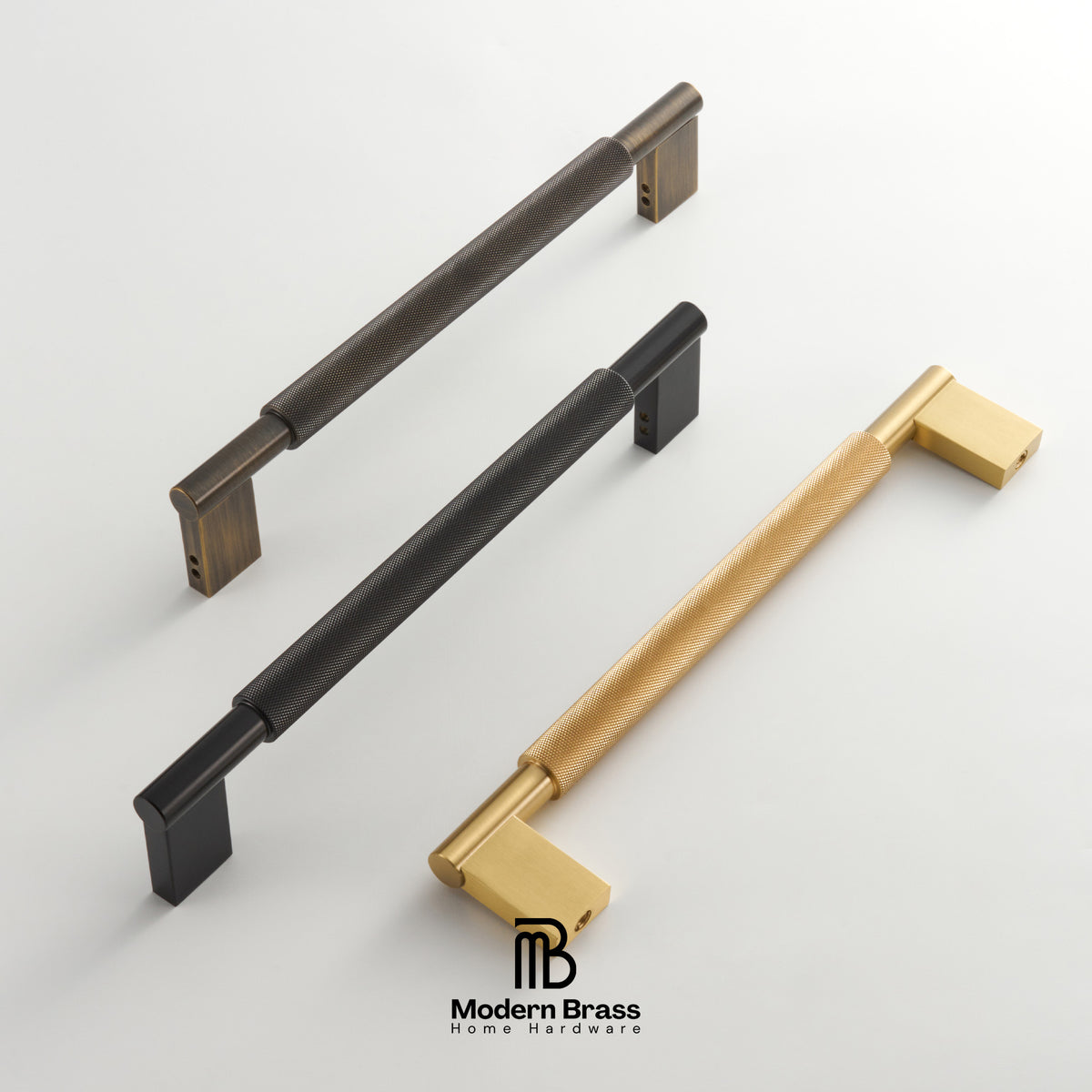 Brushed gold, matte black, and antique bronze knurled solid brass door handles with block mounting posts