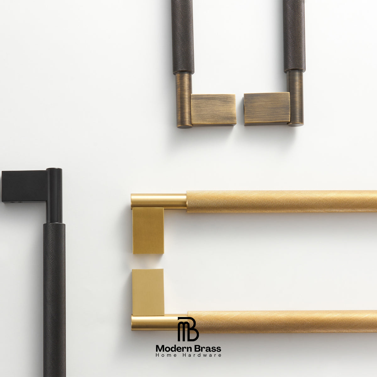 Modern brass and black metal L-shaped bar handles shown in multiple finishes on a clean white background, with the Modern Brass Home Hardware logo at the bottom.