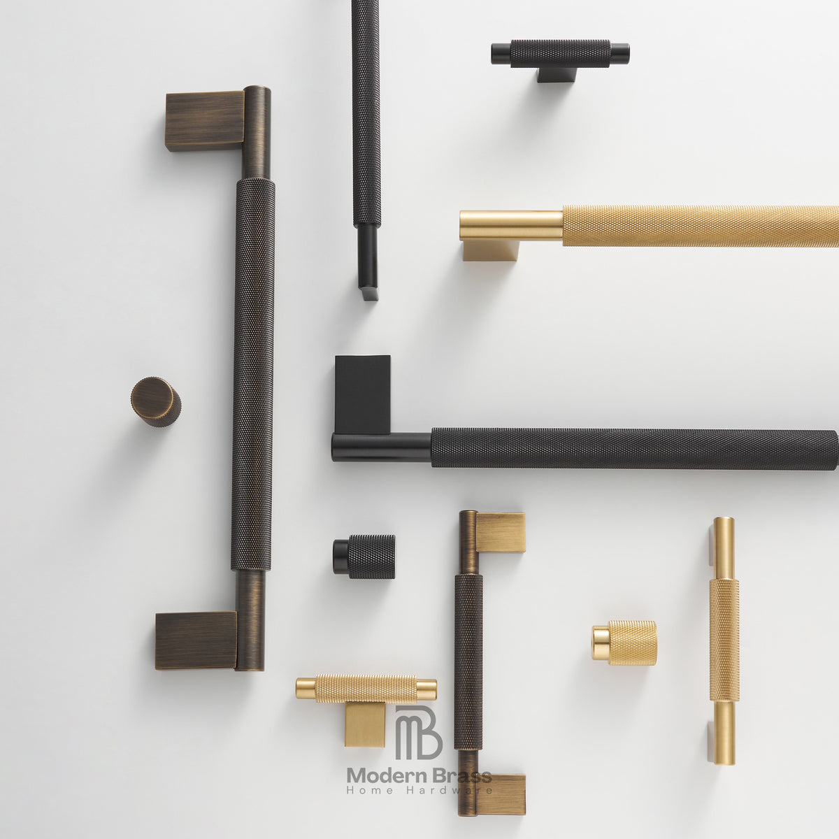 Collection of modern door handles in various designs and finishes on a white background.