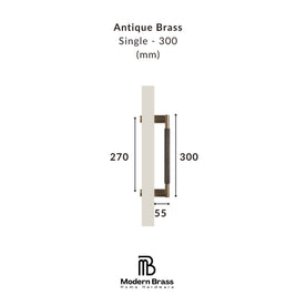 Technical dimension diagram of an Antique Brass single door handle on a white background, showing measurements of 270 mm, 300 mm, and 55 mm, with the Modern Brass Home Hardware logo at the bottom.