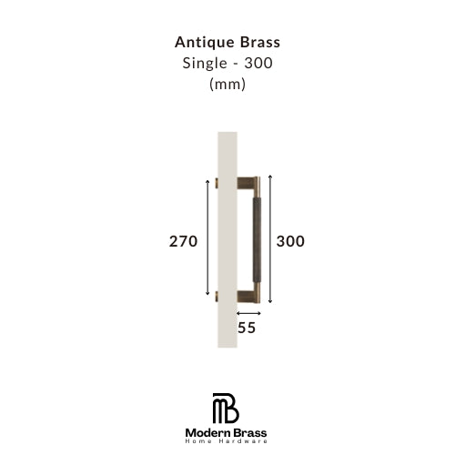 Technical dimension diagram of an Antique Brass single door handle on a white background, showing measurements of 270 mm, 300 mm, and 55 mm, with the Modern Brass Home Hardware logo at the bottom.