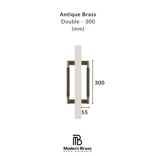 Measurement chart for antique brass double door handle with dimensions on a white background