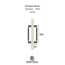 Measurement chart for antique brass double door handle with dimensions on a white background