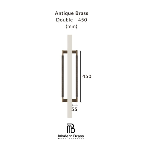 Measurement chart of an antique brass double door handle with dimensions on a white background.