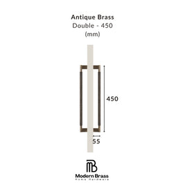 Measurement chart of an antique brass double door handle with dimensions on a white background.
