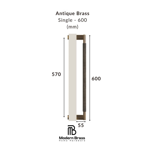 Measurement chart of an antique brass handle with dimensions on a white background, featuring the Modern Brass logo.