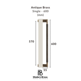Measurement chart of an antique brass handle with dimensions on a white background, featuring the Modern Brass logo.