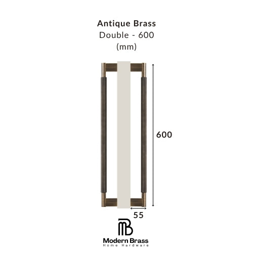 Antique brass double door handle with dimensions on a white background