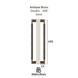 Antique brass double door handle with dimensions on a white background
